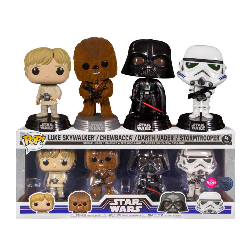 Luke Skywalker, Darth Vader, Chewbacca & storm trooper - 4 pack - Star Wars - Flocked Exclusive - Funko pop