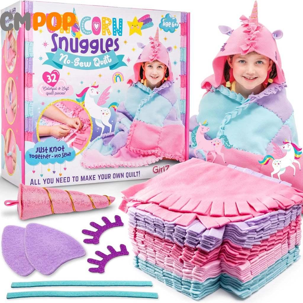 GirlZone - Unicorn Snuggles No Sew Quilt Kit - to Create Your No Sew Fleece Tie Knot Blanket Kit - with 32 Colorful