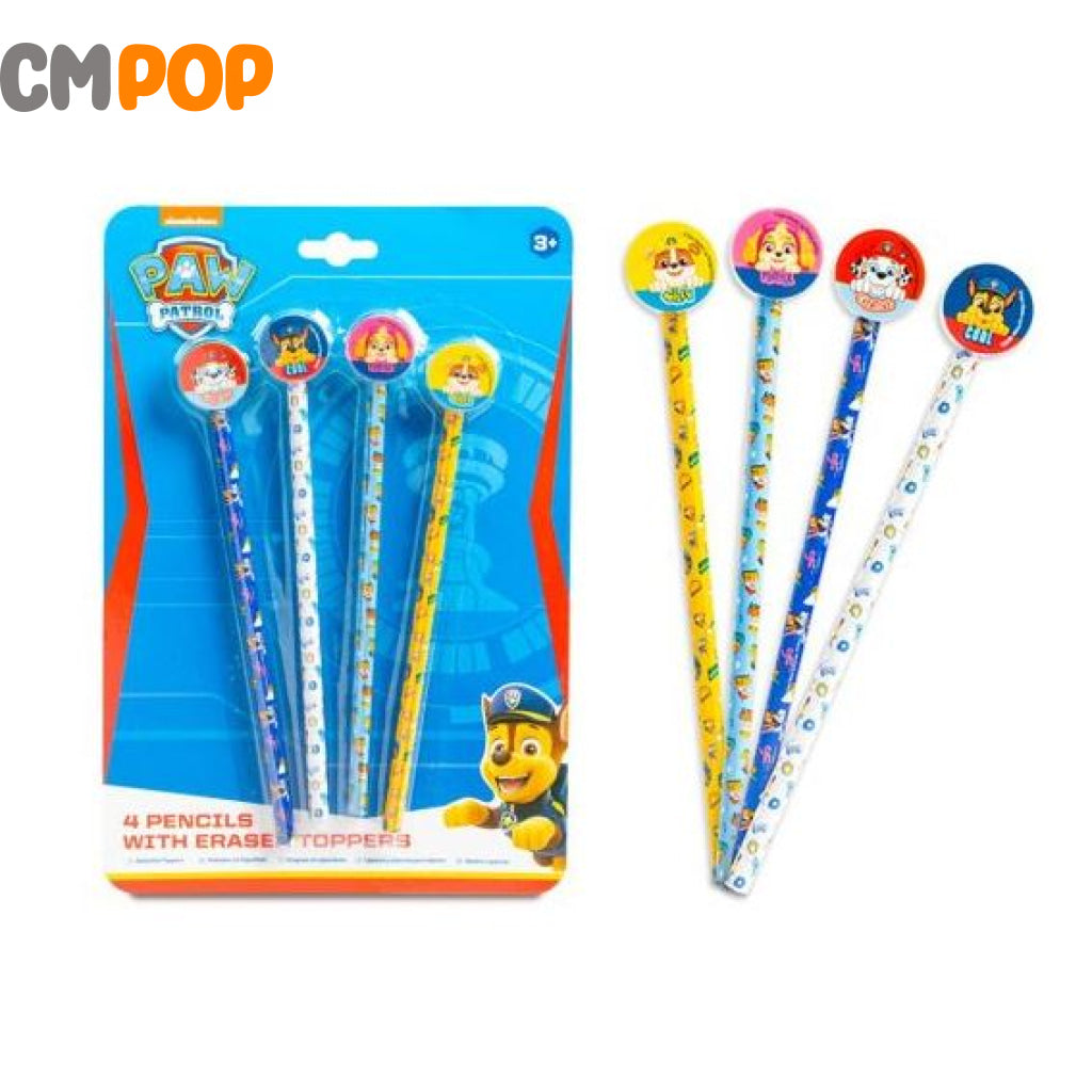 Paw Patrol - 4 Pencils & Eraser Toppers Set Pencils