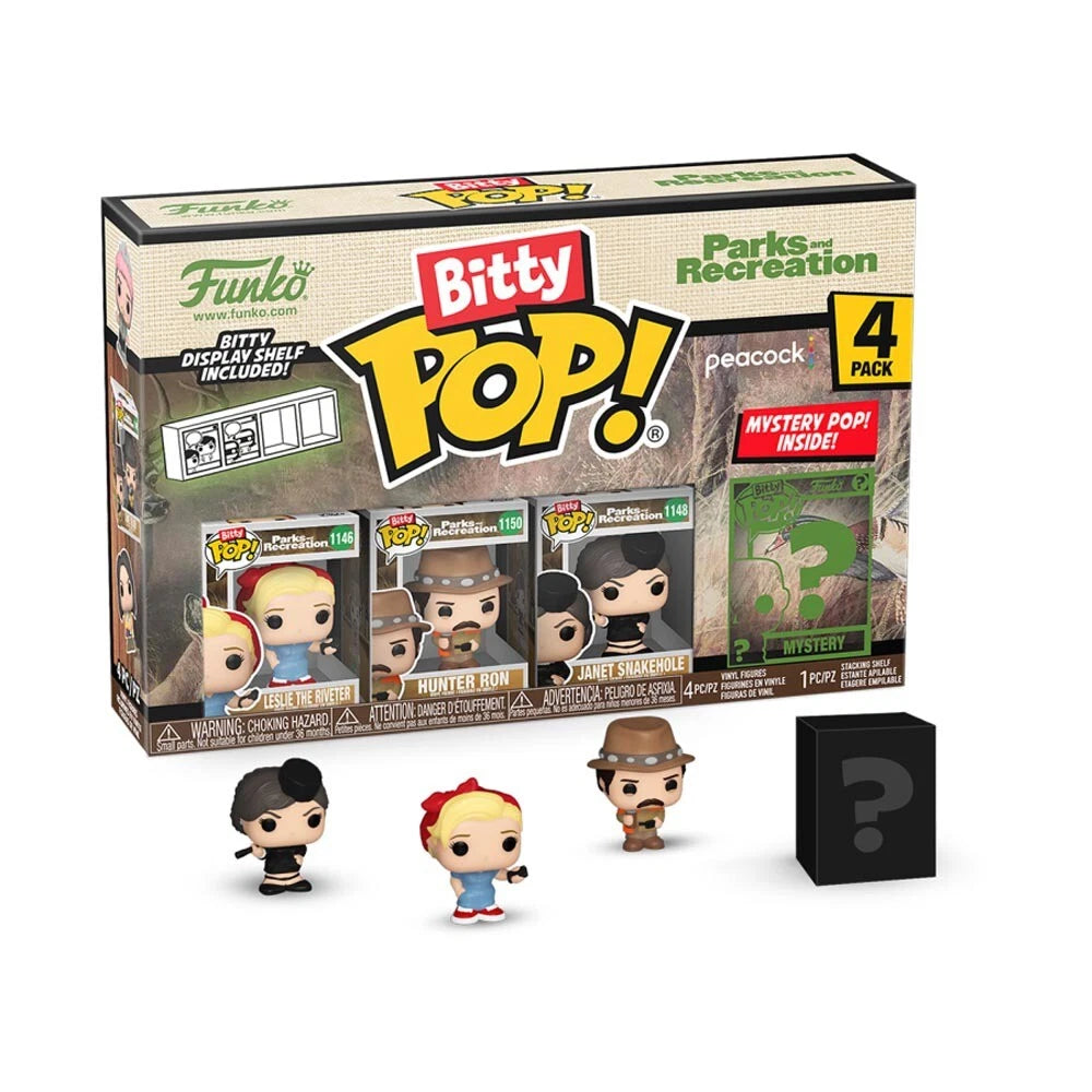 Leslie the Riveter, Hunter Ron, Janet Snakehole, Mystery Figure - 4 Pack - Bitty Pop -Parks and Recreation